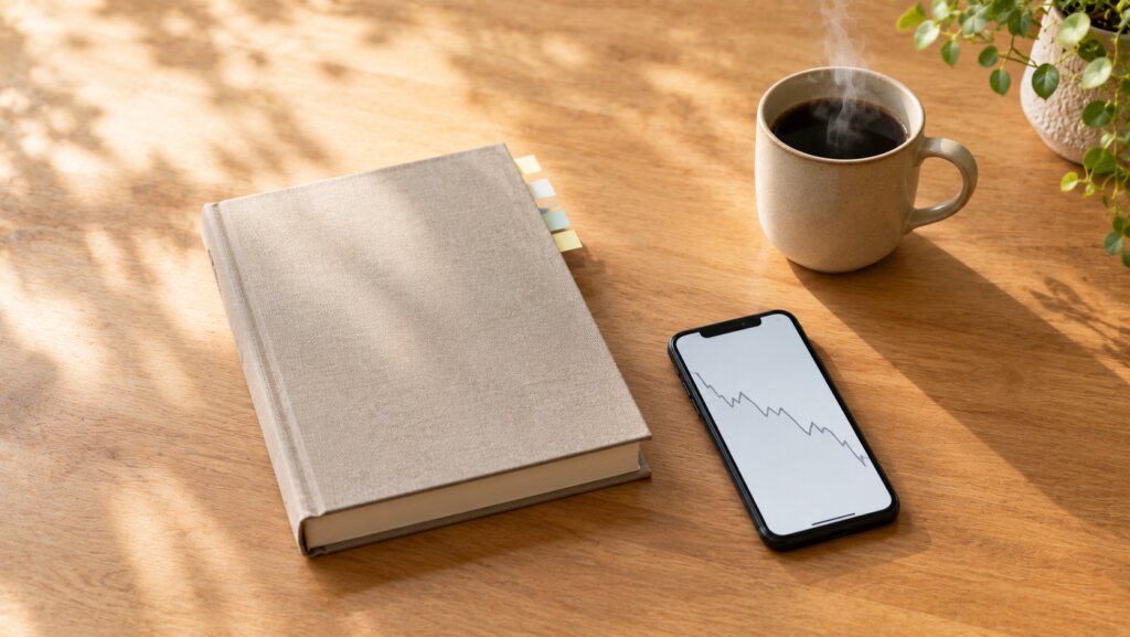 木のテーブルに置いた付箋付きの本と、右肩下がりのグラフを表示したスマートフォン、湯気の立つマグカップ
