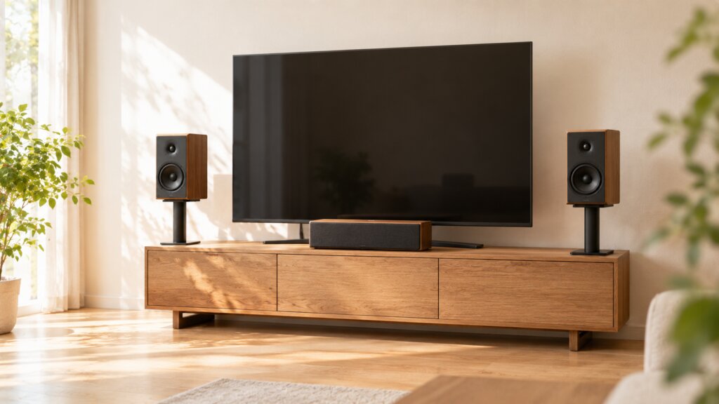 テレビの左右にスタンドに載せたスピーカー、テレビの前に横長のセンタースピーカーを置いたリビング
