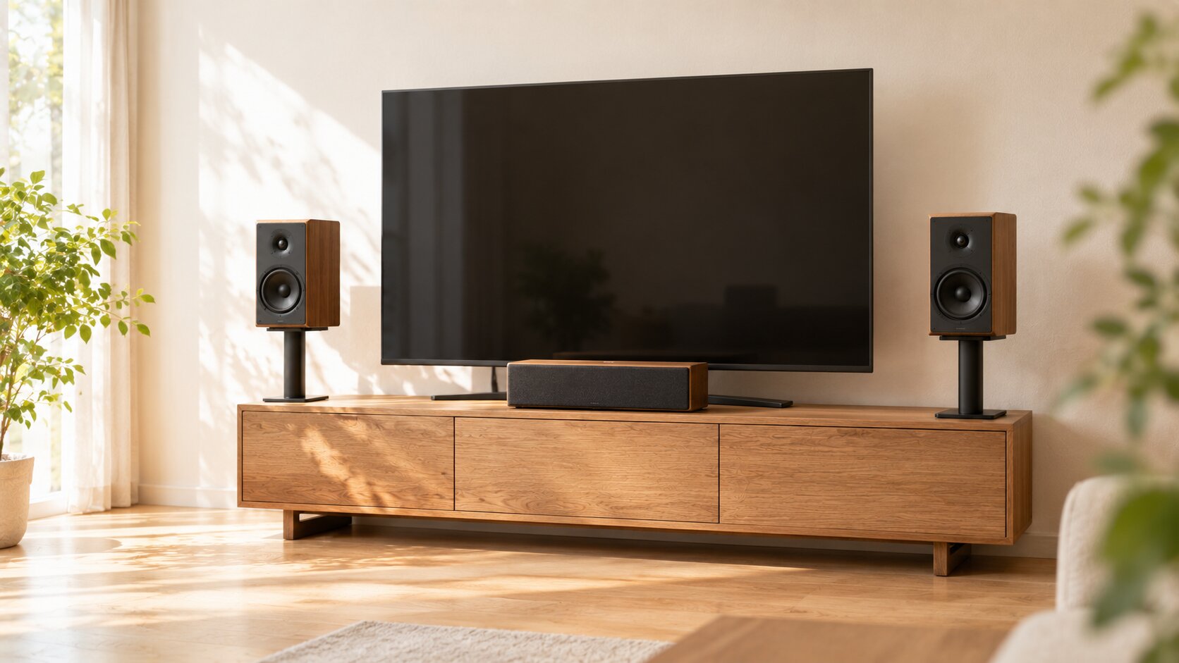 テレビの左右にスタンドに載せたスピーカー、テレビの前に横長のセンタースピーカーを置いたリビング